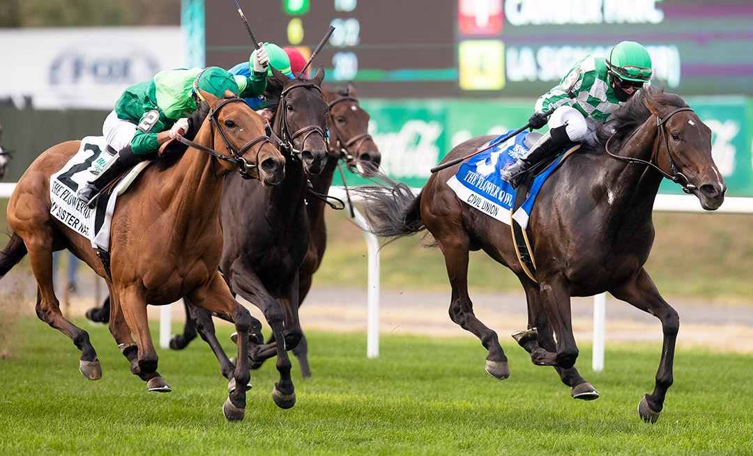 Civil Union (right) wins the 2020 Flower Bowl Stakes at Belmont Park