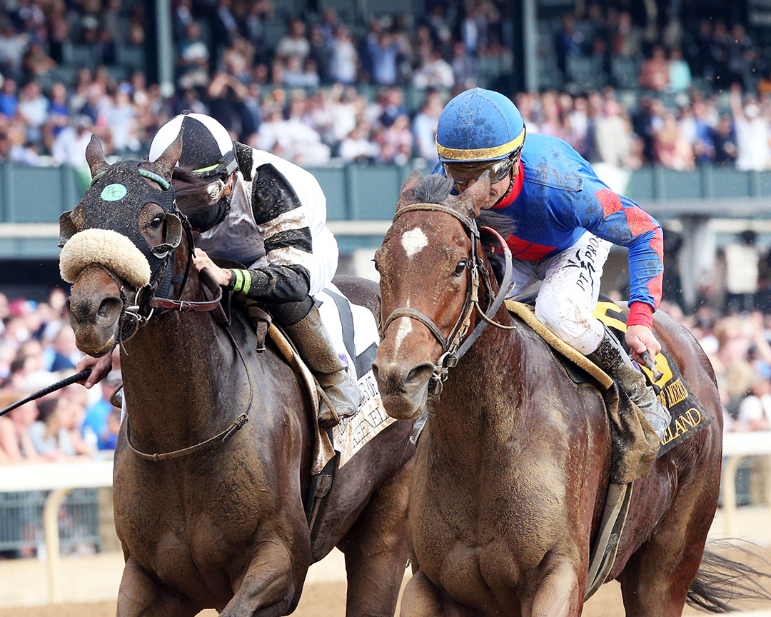 Club Car (left) finishes second to Bell's the One in the 2021 Thoroughbred Club of America at Keeneland