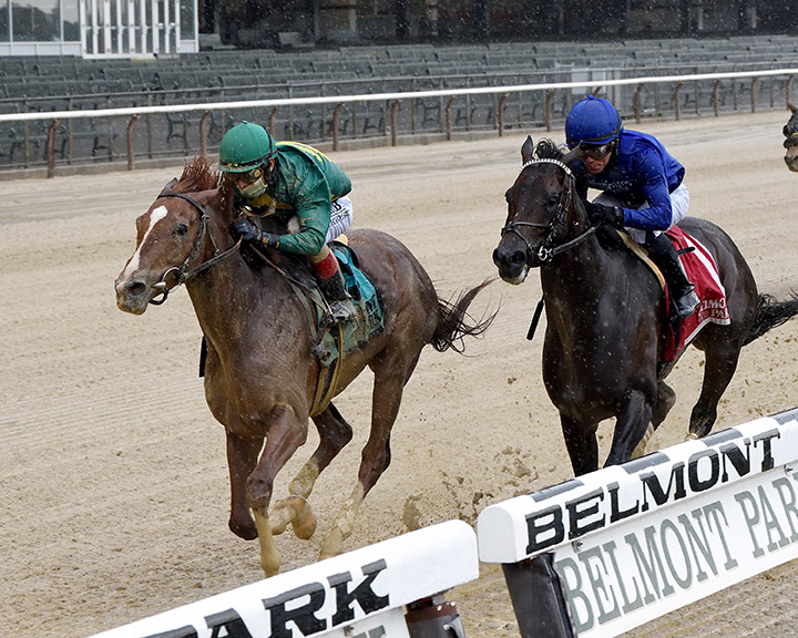 Code of Honor (left) wins the 2020 Westchester Stakes at Belmont Park