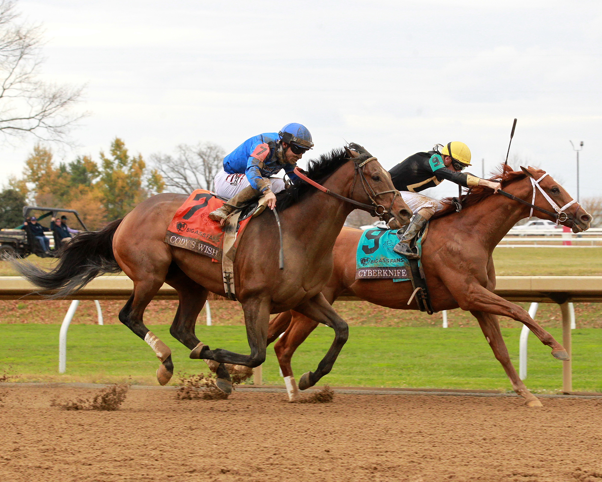 Cody's Wish (foreground) and Cyberknife battle in the BC Dirt Mile Nov 5 2022