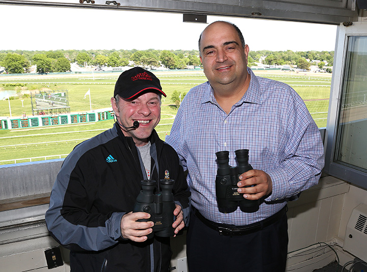 Frank Mirahmadi (right) with Larry Collmus at Monmouth Park