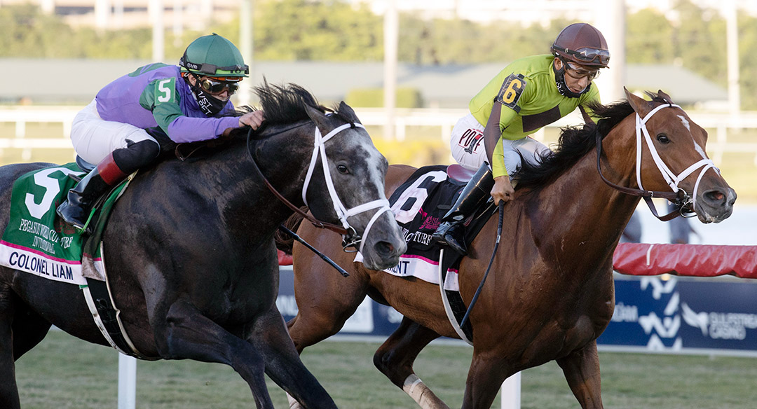 Colonel Liam (left) wins the 2021 Pegasus World Cup Turf at Gulfstream Park