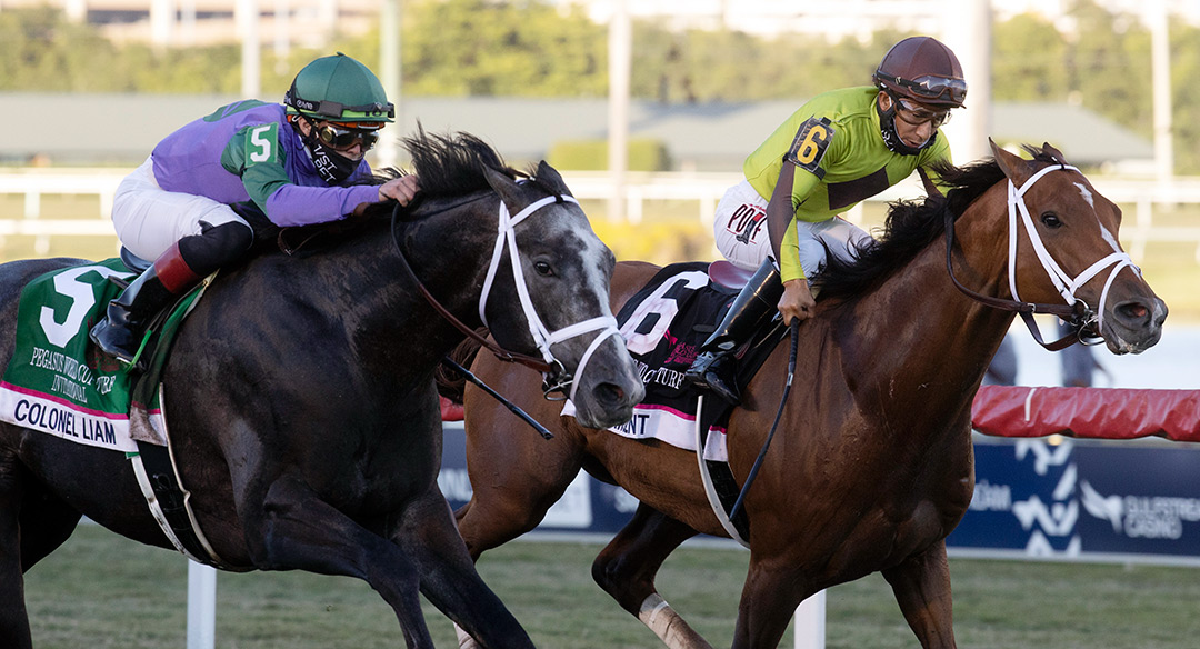 Largent (right) and Colonel Liam battle in the 2021 Pegasus World Cup Turf at Gulfstream