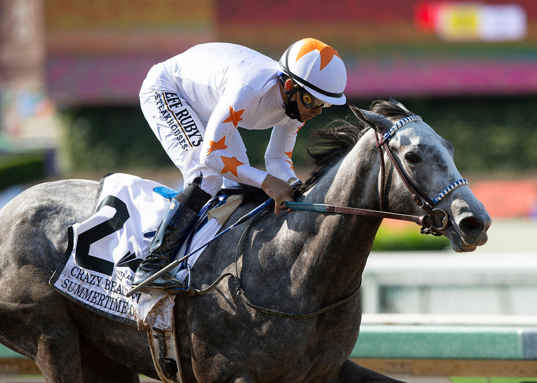 Crazy Beautiful wins the 2021 Summertime Oaks at Santa Anita