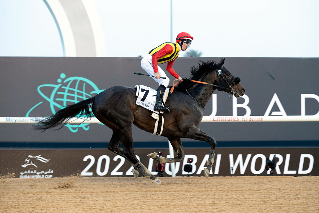 Crown Pride wins the 2022 UAE Derby at Meydan Racecourse