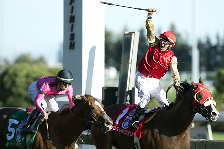 Eurico Da Silva celebrates after winning the Woodbine Mile with El Tormenta