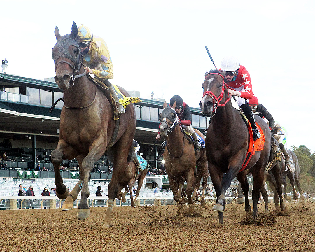 Diamond Oops (left) wins the 2020 Phoenix Stakes at Keeneland Racecourse