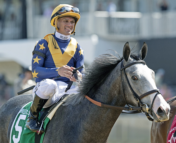 Javier Castellano aboard Dogtag at the Hilltop Stakes