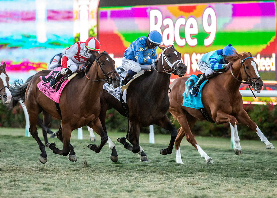 Smooth Like Strait (center) finishes second to Domestic Spending (left) in the 2020 Hollywood Derby at Del Mar