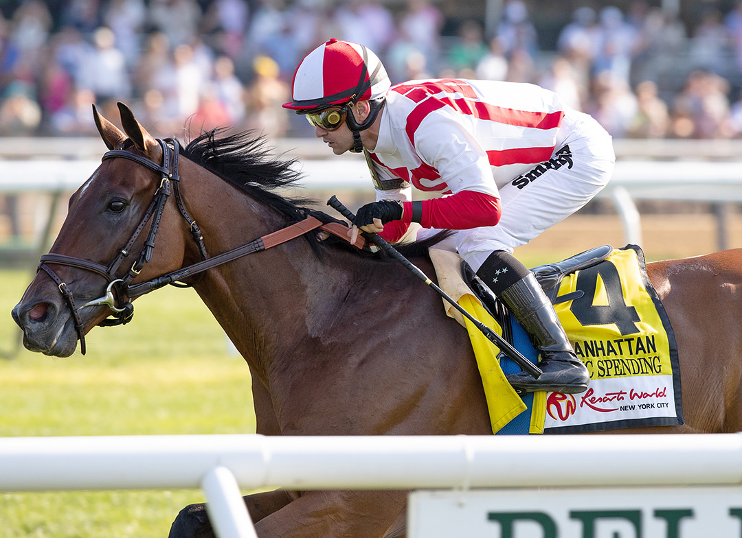 Domestic Spending wins the 2021 Manhattan Stakes at Belmont Park