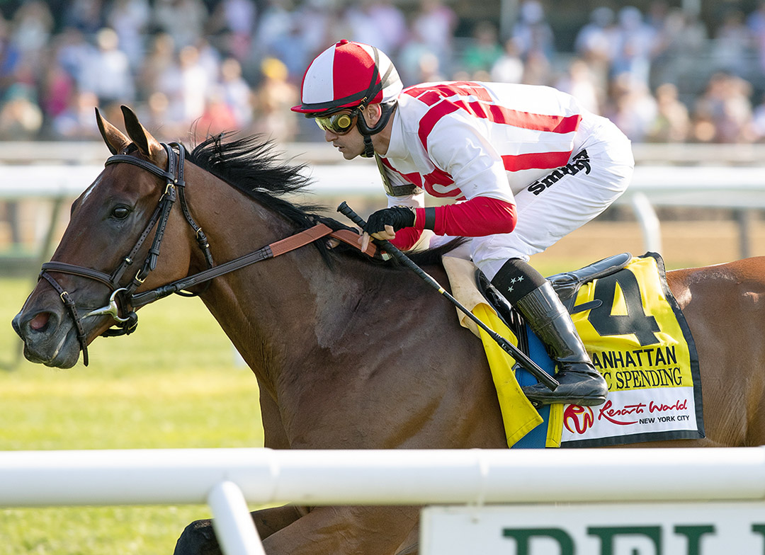 Domestic Spending wins the 2021 Manhattan Stakes at Belmont Park