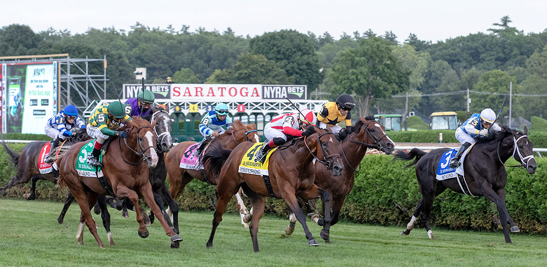 No Word (right) finishes third in the Saratoga Derby to Domestic Spending (4)