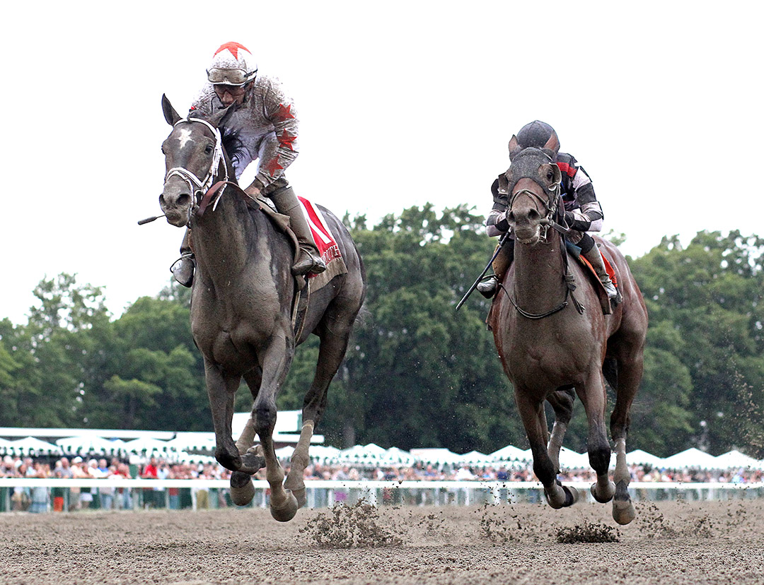 American Sanctuary (right) finishes second in the 2021 Sapling Stakes at Monmouth Park