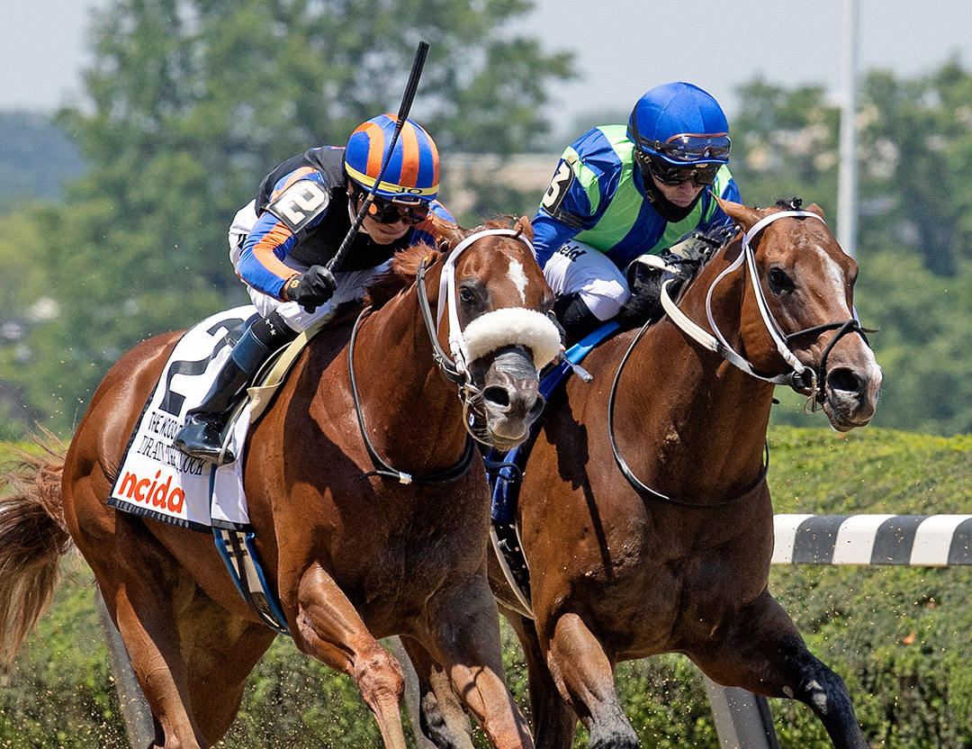 Drain the Clock (left) wins the Woody Stephens Stakes at Belmont Park