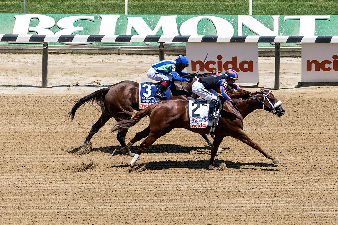 Drain the Clock (2) beats Jackie's Warrior wins the Woody Stephens Stakes at Belmont Park
