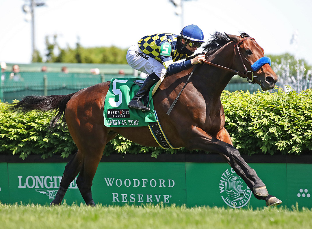 Du Jour wins the 2021 American Turf Stakes at Churchill Downs