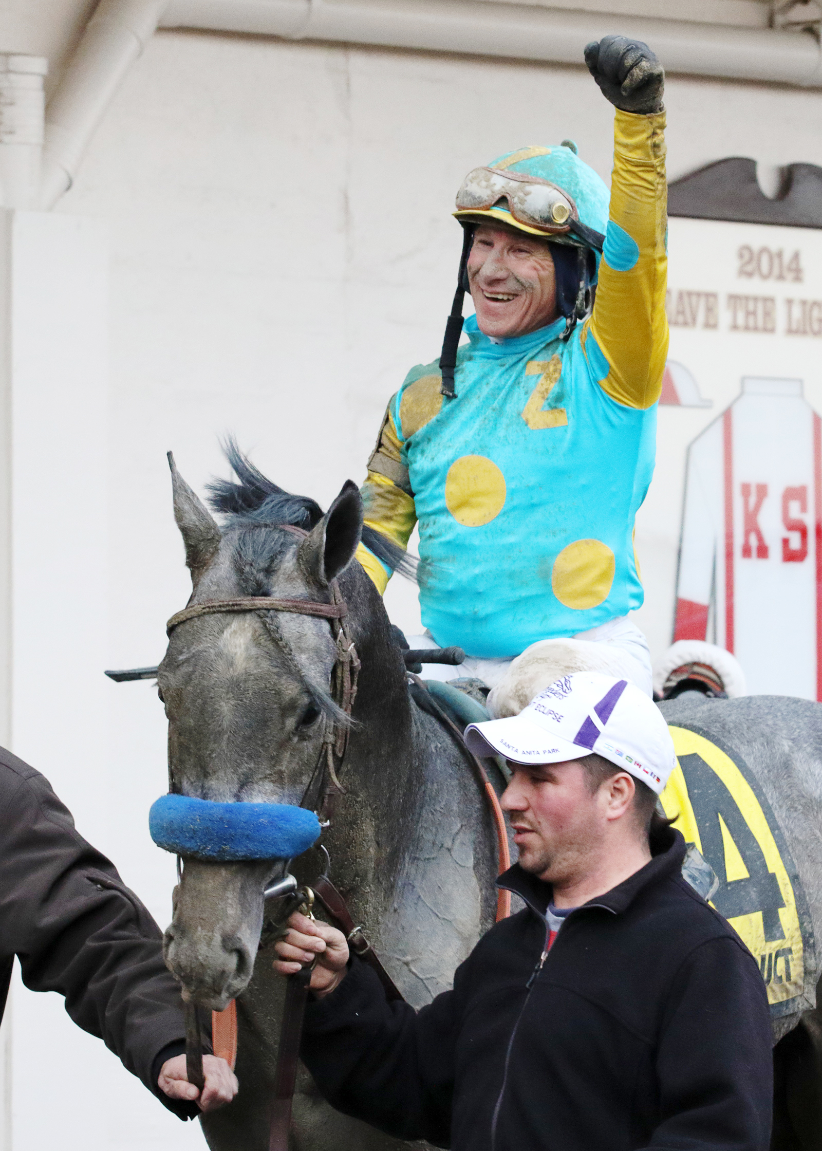 Chuck CC Lopez aboard El Kabeir after the Gotham Stakes