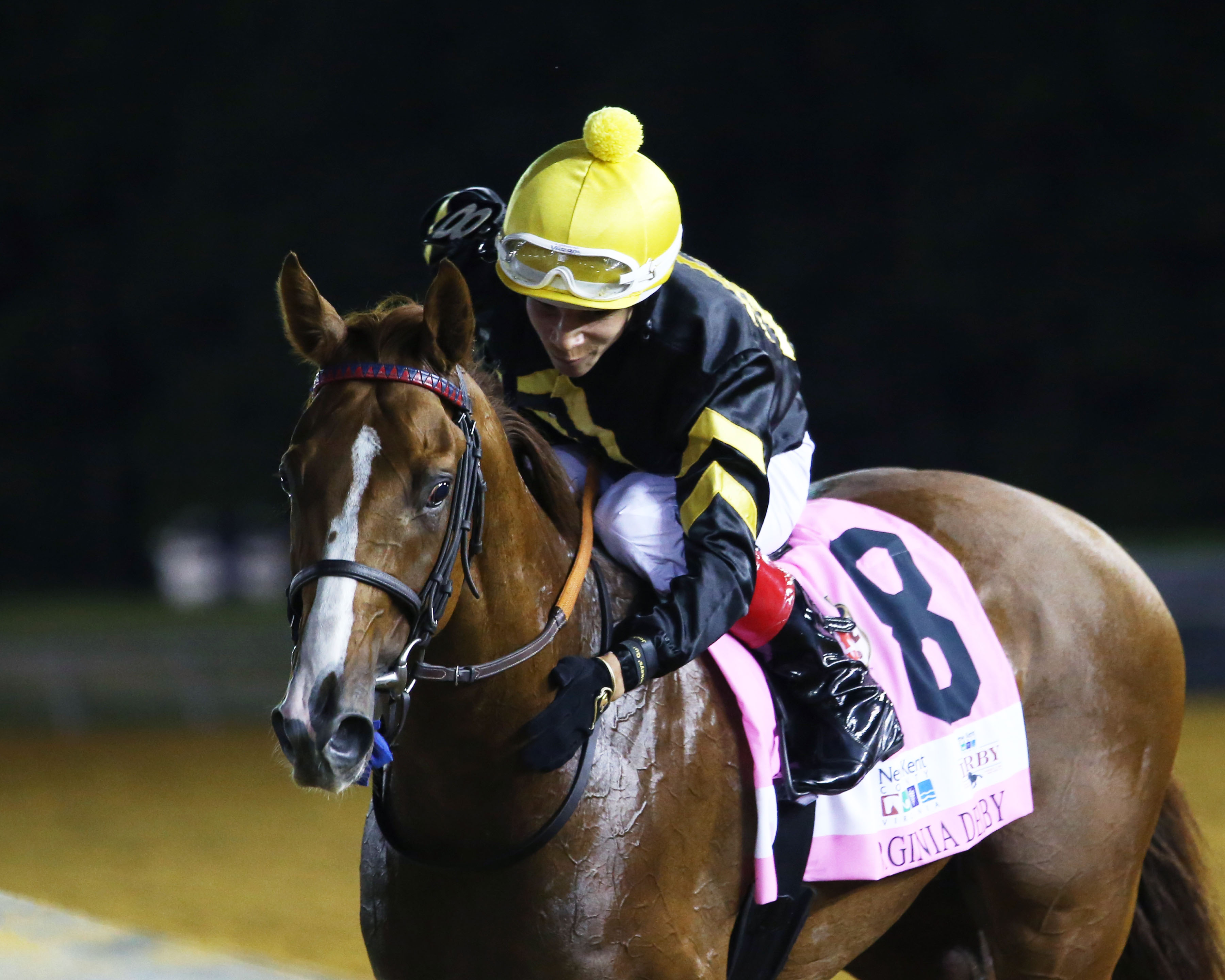 English Bee and Jorge Vargas Jr. following the Virginia Derby. 8-31-2019.Coady