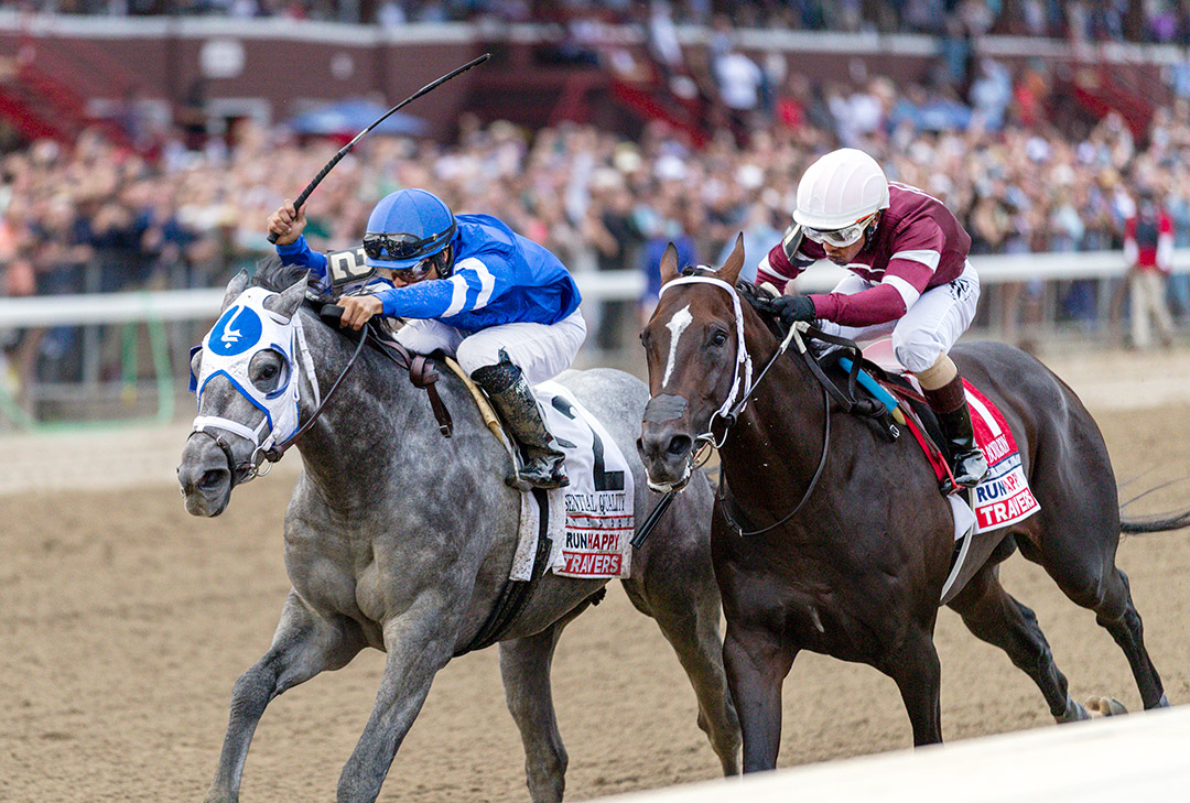 Essential Quality (left) wins the 2021 Travers Stakes at Saratoga Race Course