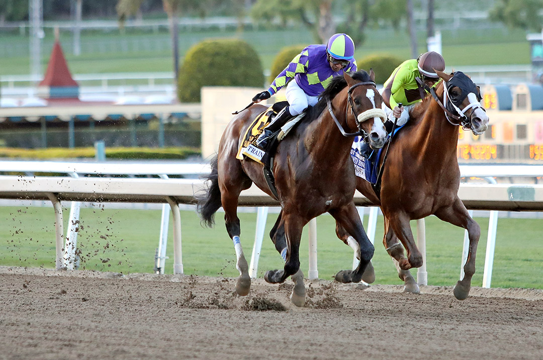 Warrant (right) finishes second in the 2022 Santa Anita Handicap at Santa Anita Park
