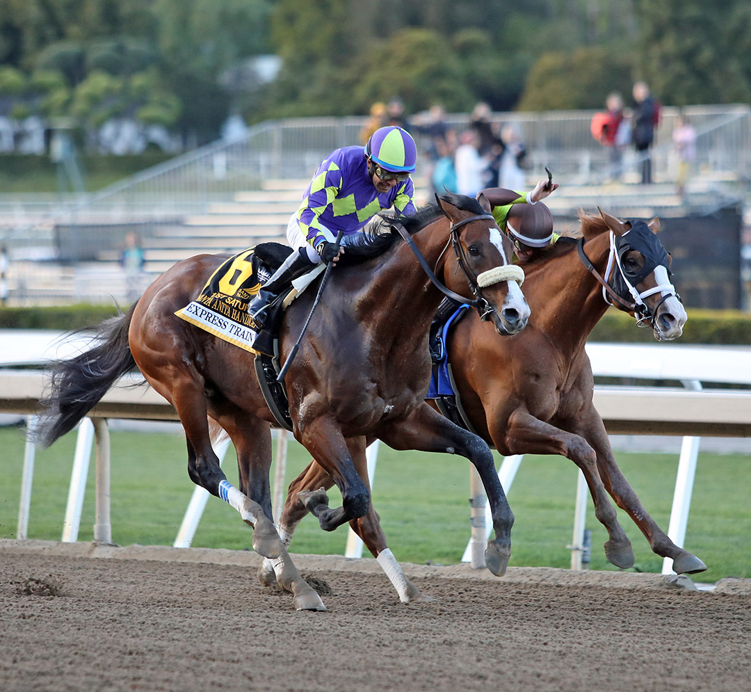 Express Train (left) wins the 2022 Santa Anita Handicap at Santa Anita Park