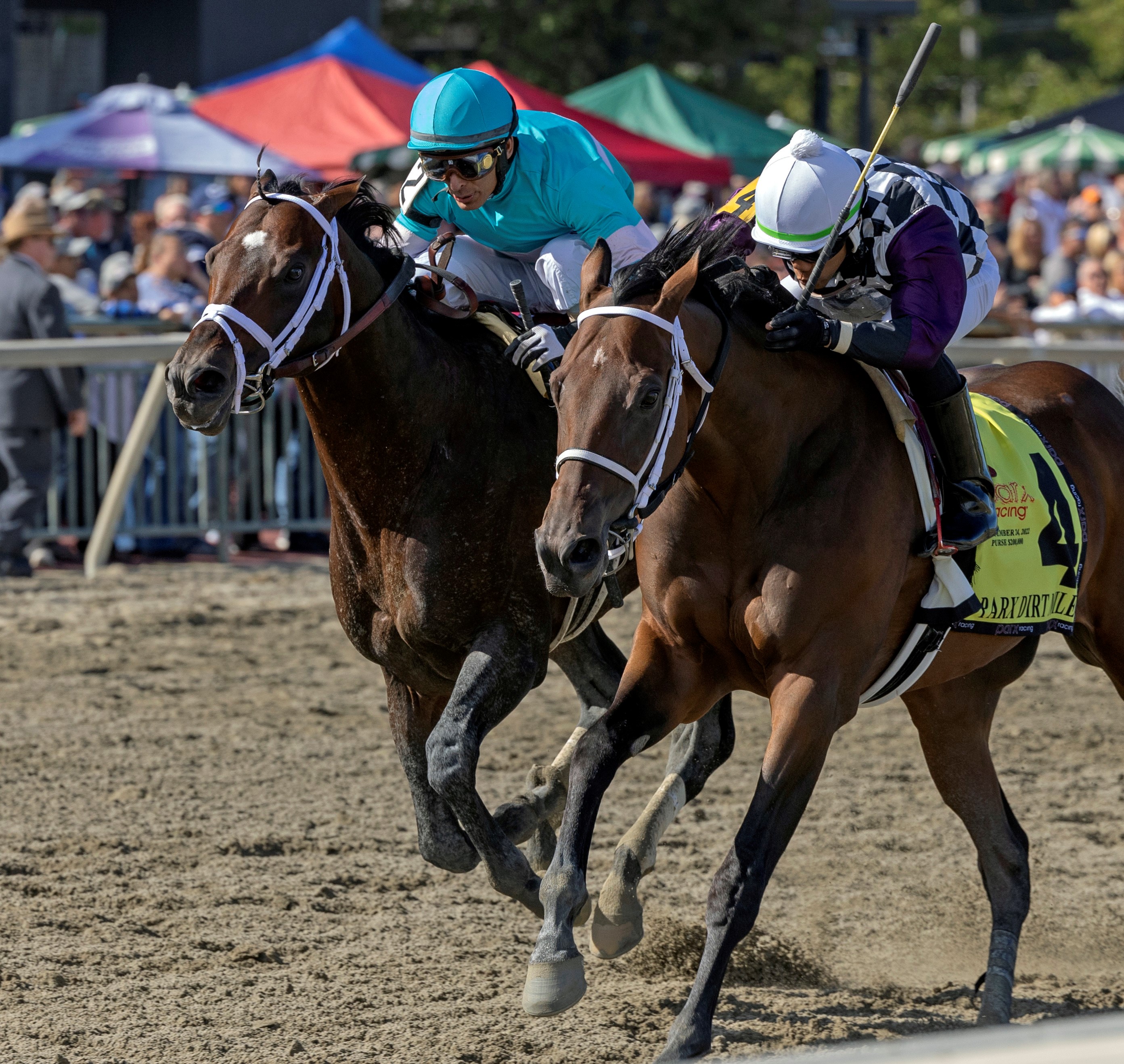 Far Mo Power (right) beats Mind Control in Parx Dirt Mile but is DQ'ed Sept 24 2022
