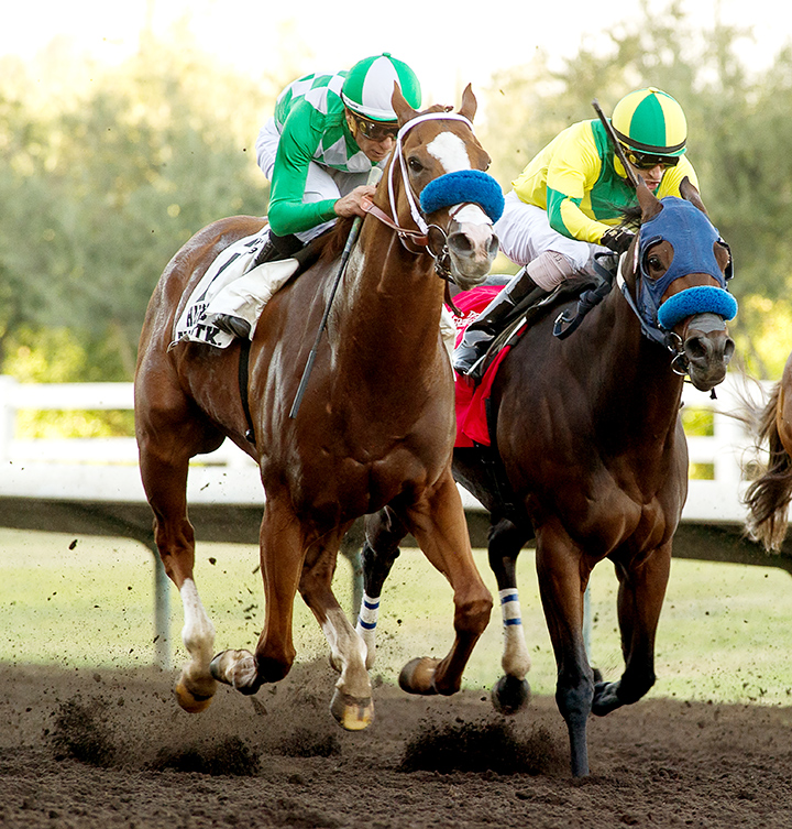Fashionably Fast (left) wins the Harris Farms Stakes at Fresno