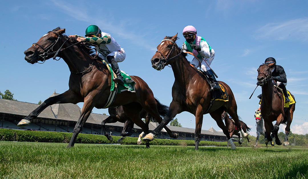 Feel Glorious (left) wins the 2020 Perfect Sting Stakes at Saratoga
