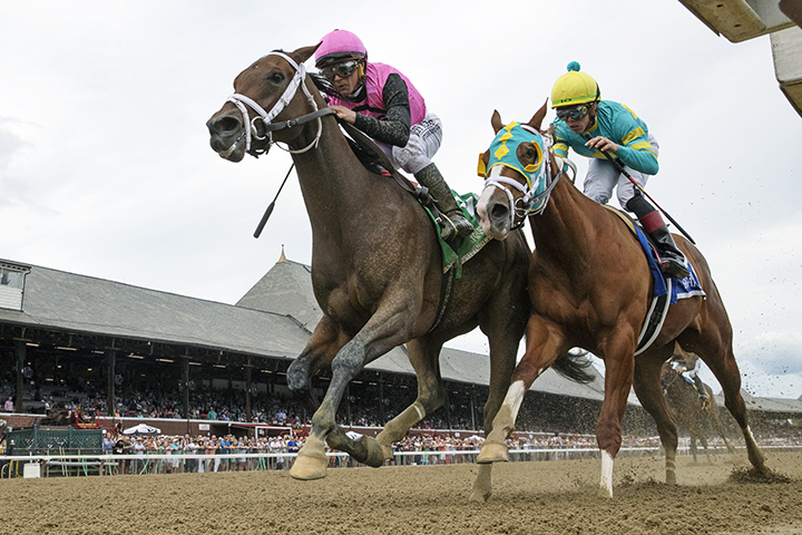 Fierce Lady (left) wins the 2019 Seeking the Ante Stakes at Saratoga Race Course