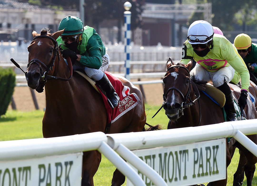 Classic Lady (right) finishes second to Fifty Five in the 2020 Mount Vernon Stakes at Belmont