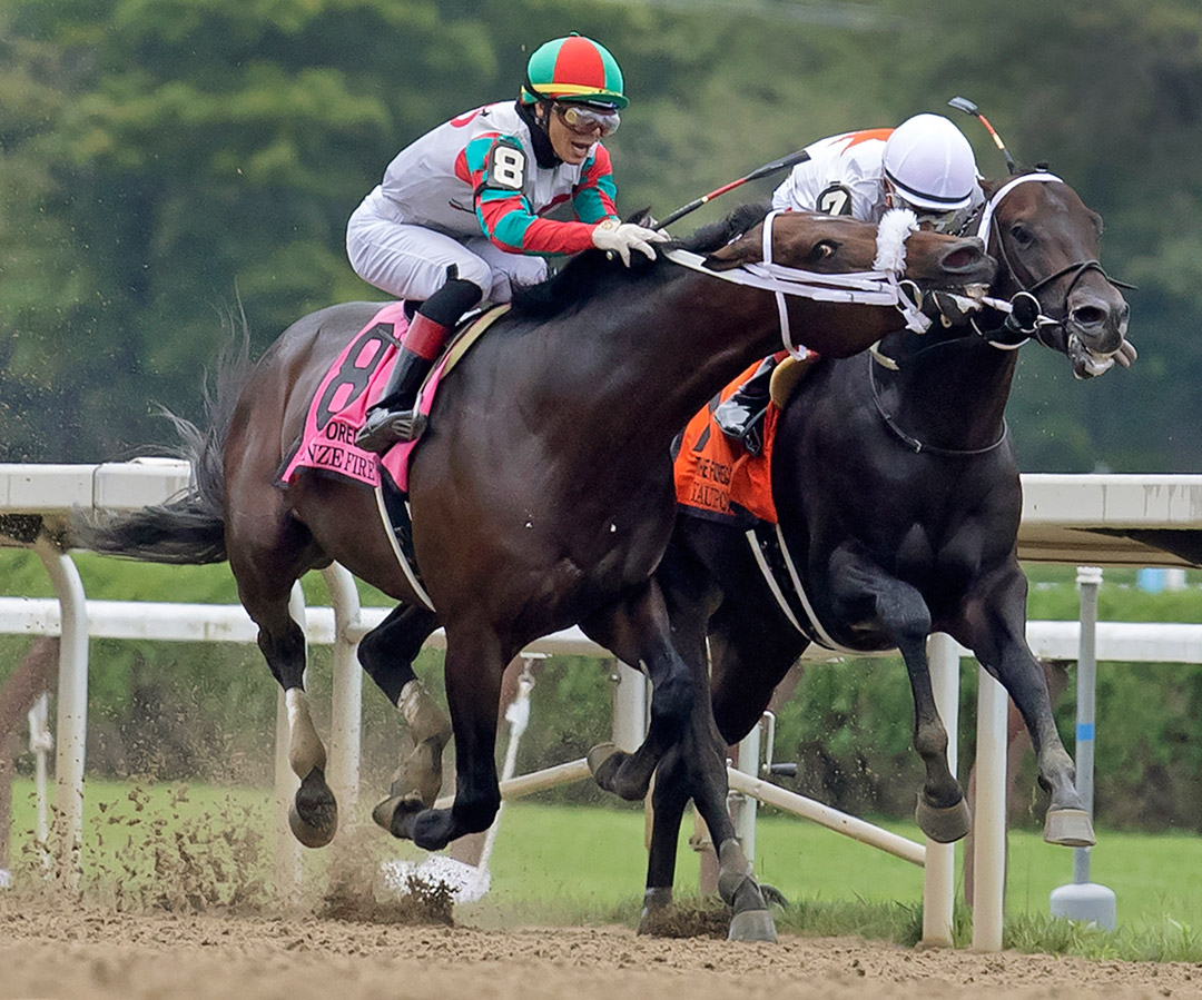 Firenze Fire (left) attempts to savage Yaupon in the stretch of the 2021 Forego Stakes at Saratoga