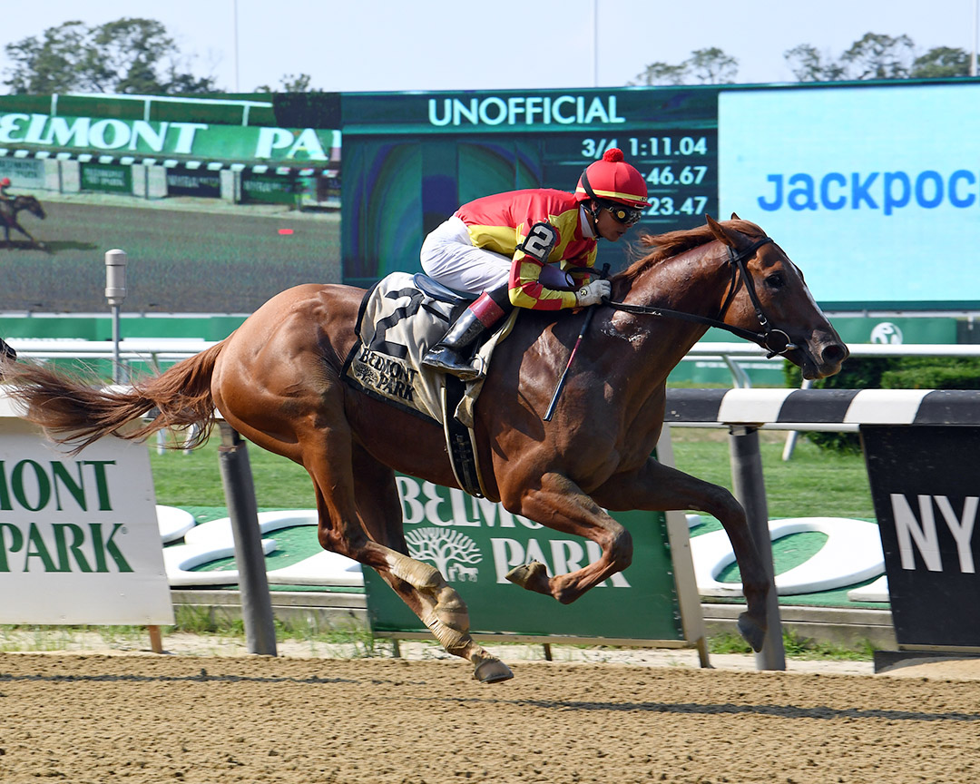 First Captain wins the 2021 Dwyer Stakes at Belmont Park