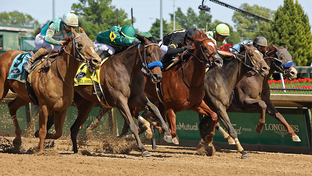Flagstaff (No. 4) wins the 2021 Churchill Downs Stakes in a photo finish