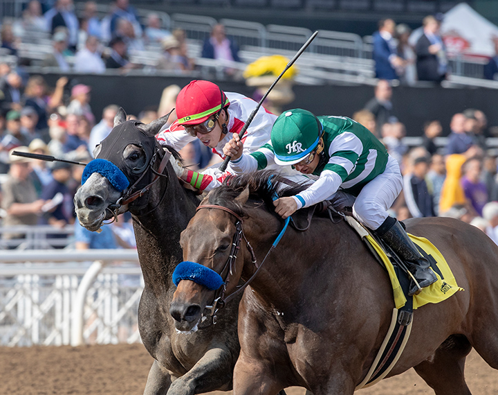 Flagstaff (right) wins the 2019 Damascus Stakes at Santa Anita Park