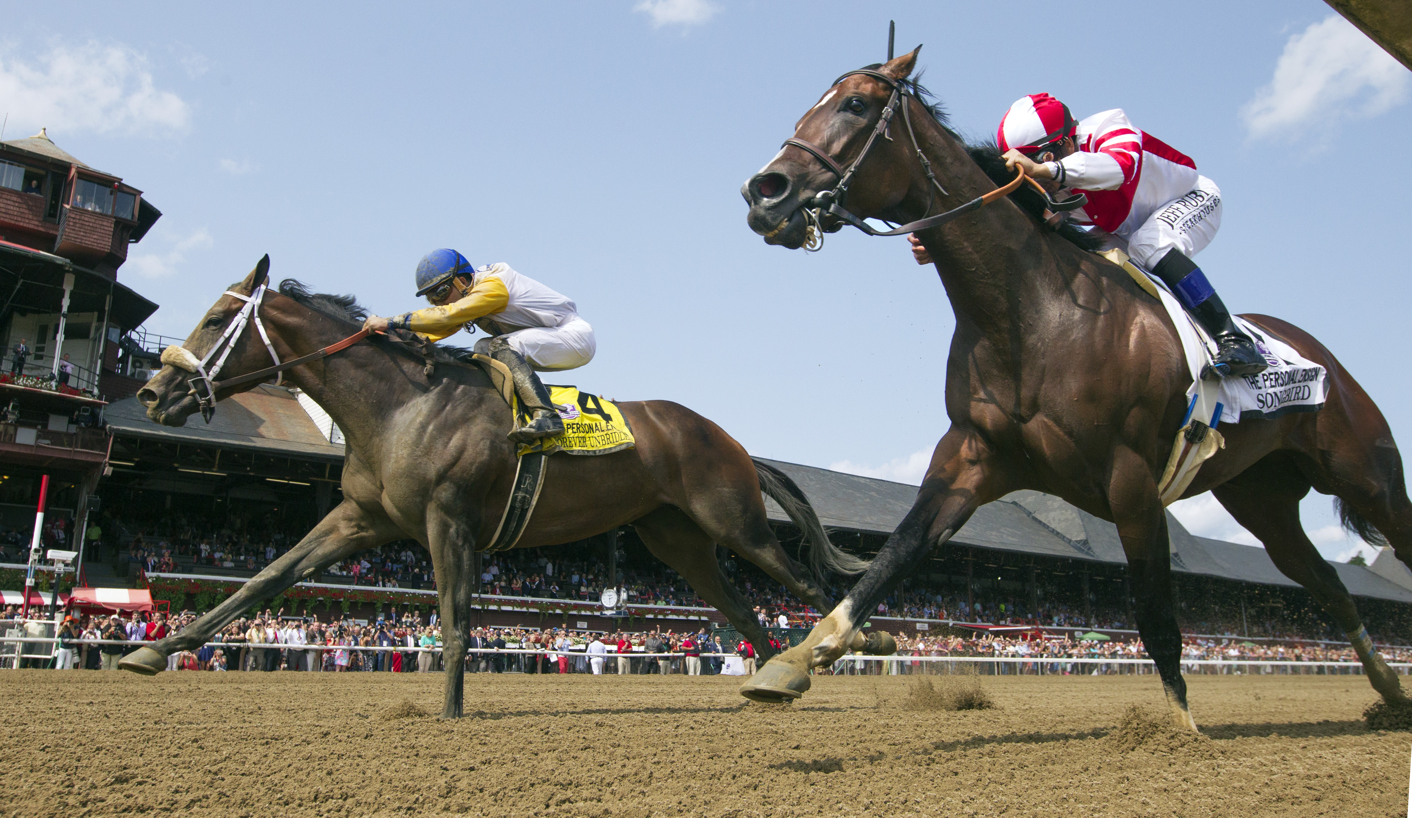 Forever Unbridled (#4) defeats Songbird (#2) in the Personal Ensign Stakes at Saratoga 8.26.17