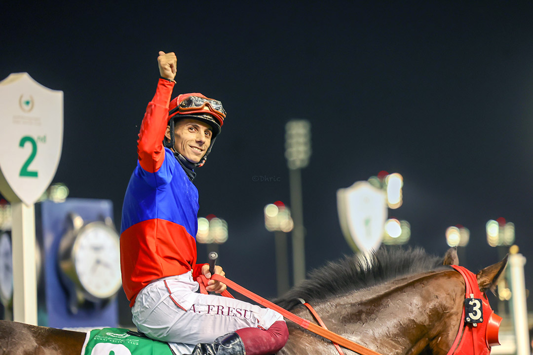 Antonio Fresu and Azure Coast after winning the UAE 2000 Guineas at Meydan Racecourse