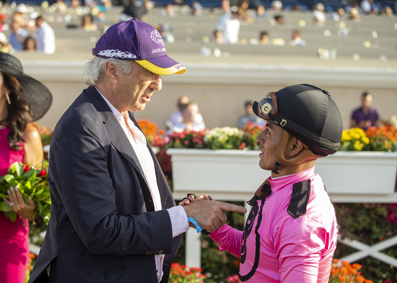 Gaey Barber and Abel Cedillo talk after winning Oceanside Stakes.7-16-2021.BEN