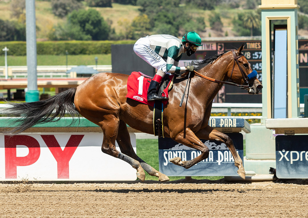 Gamine wins the 2021 Las Flores Stakes at Santa Anita Park