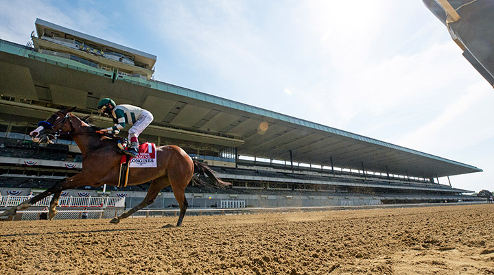 Gamine wins the 2020 Acorn Stakes at Belmont Park