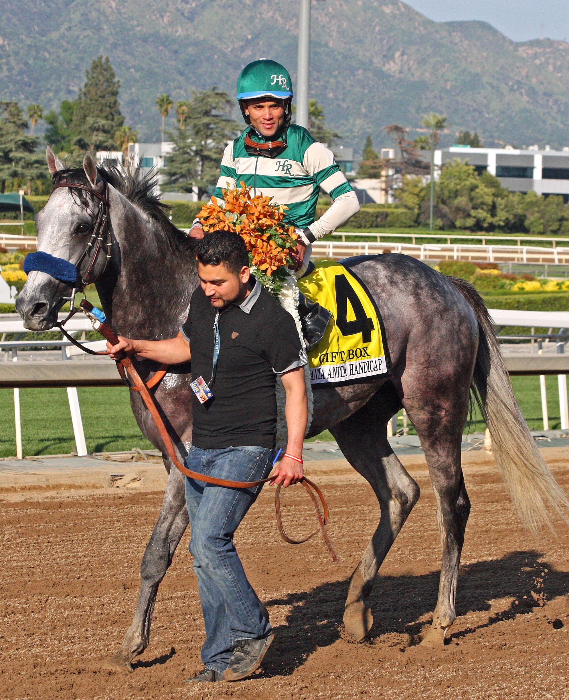 Gift Box following victory in the 2019 Santa Anita Handicap
