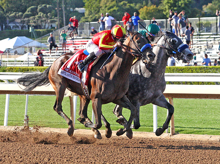 Gift Box (right) wins the 2019 Santa Anita Handicap at Santa Anita Park