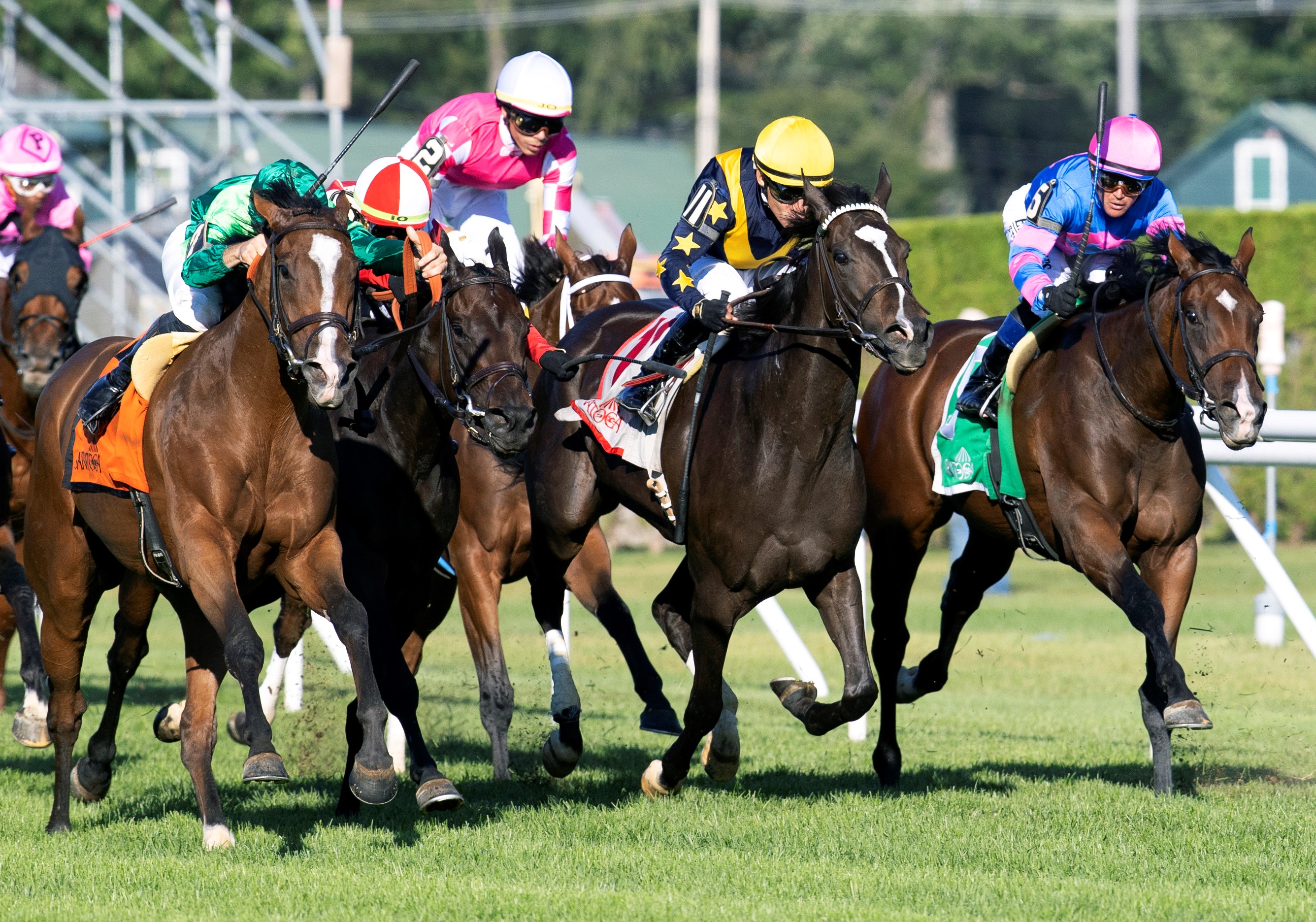 Gina Romantica (left, No. 7) wins the Riskaverse at Saratoga Aug 25 2022