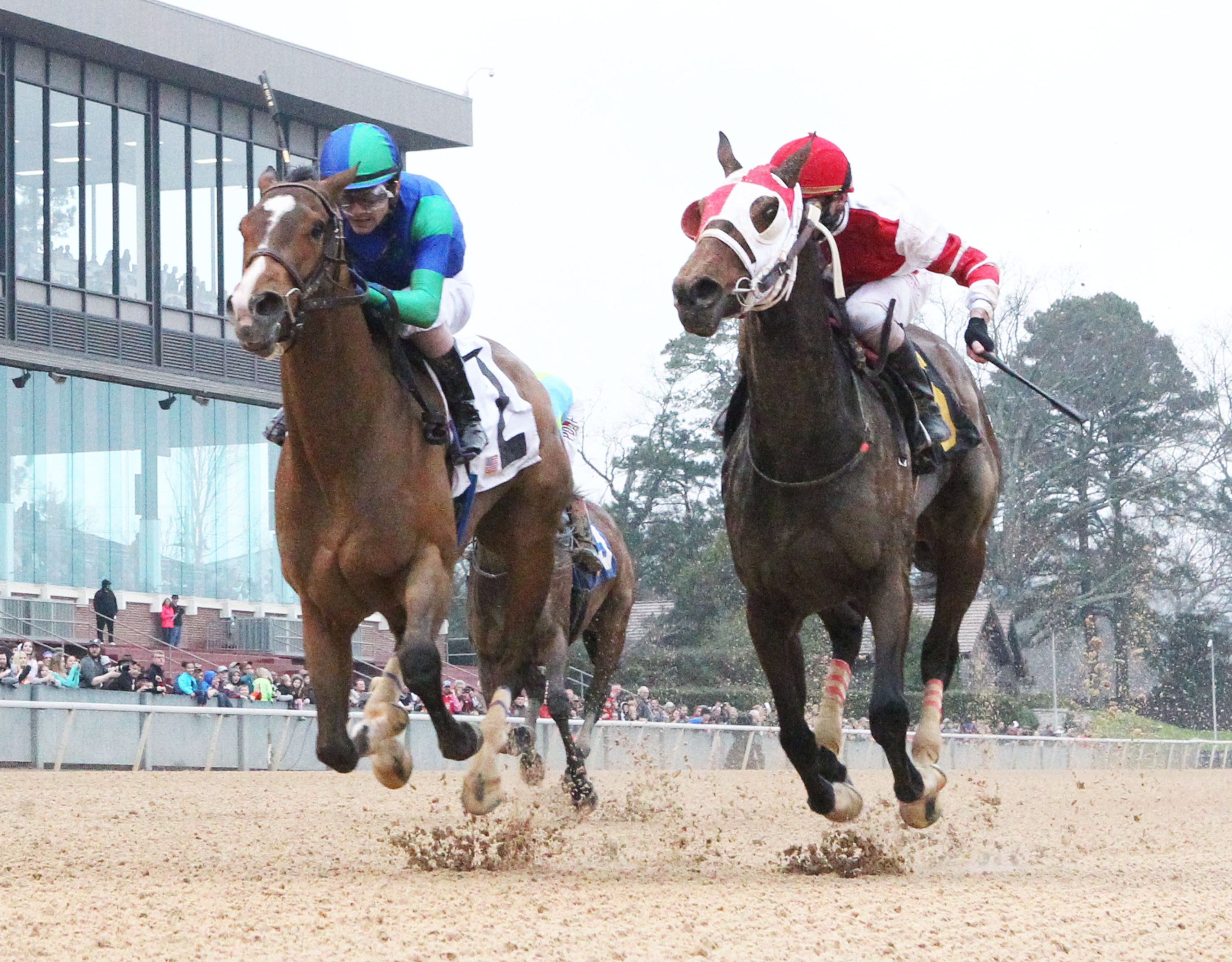 Go Google Yourself (left) gets by Whoa Nellie to win the Bayakoa at Oaklawn Park. 2-17-2020.CO