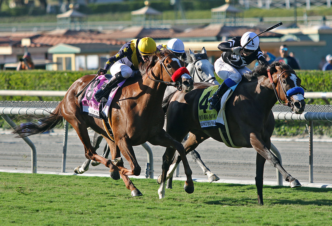 Going to Vegas (right) wins the 2021 Rodeo Drive Stakes at Santa Anita