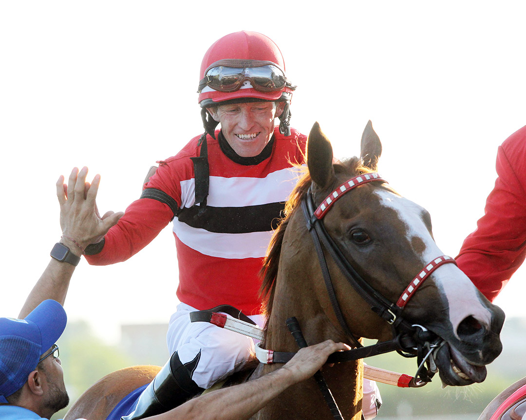 James Graham aboard Two Emmys after winning the Mister D. Stakes at Arlington