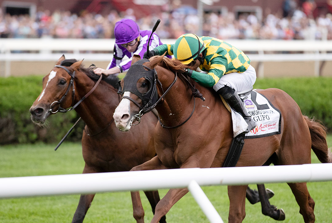 Gufo (right) wins the 2021 Sword Dancer Stakes at Saratoga Race Course