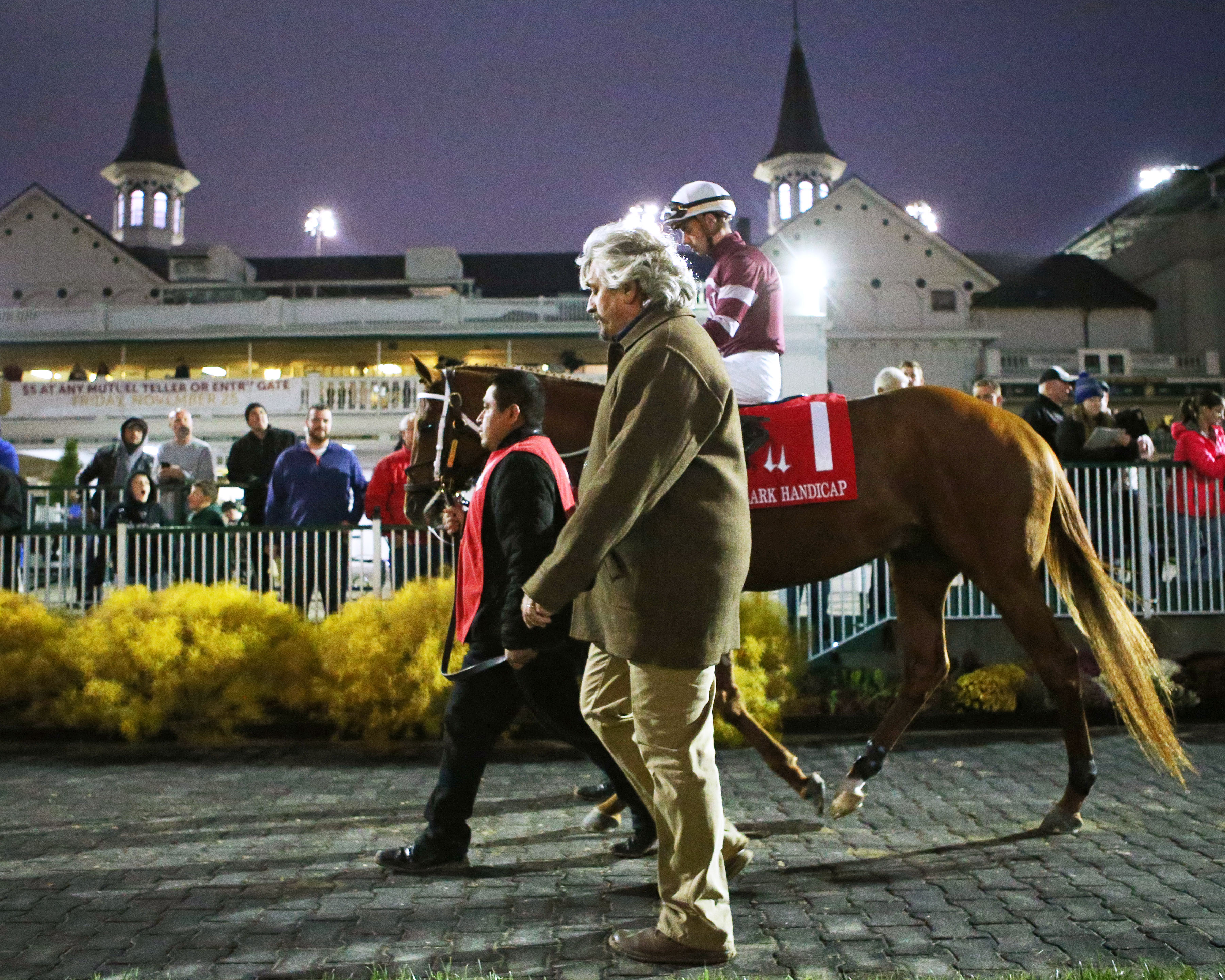Gun Runner with trainer Steve Asmussen at the Clark Handicap