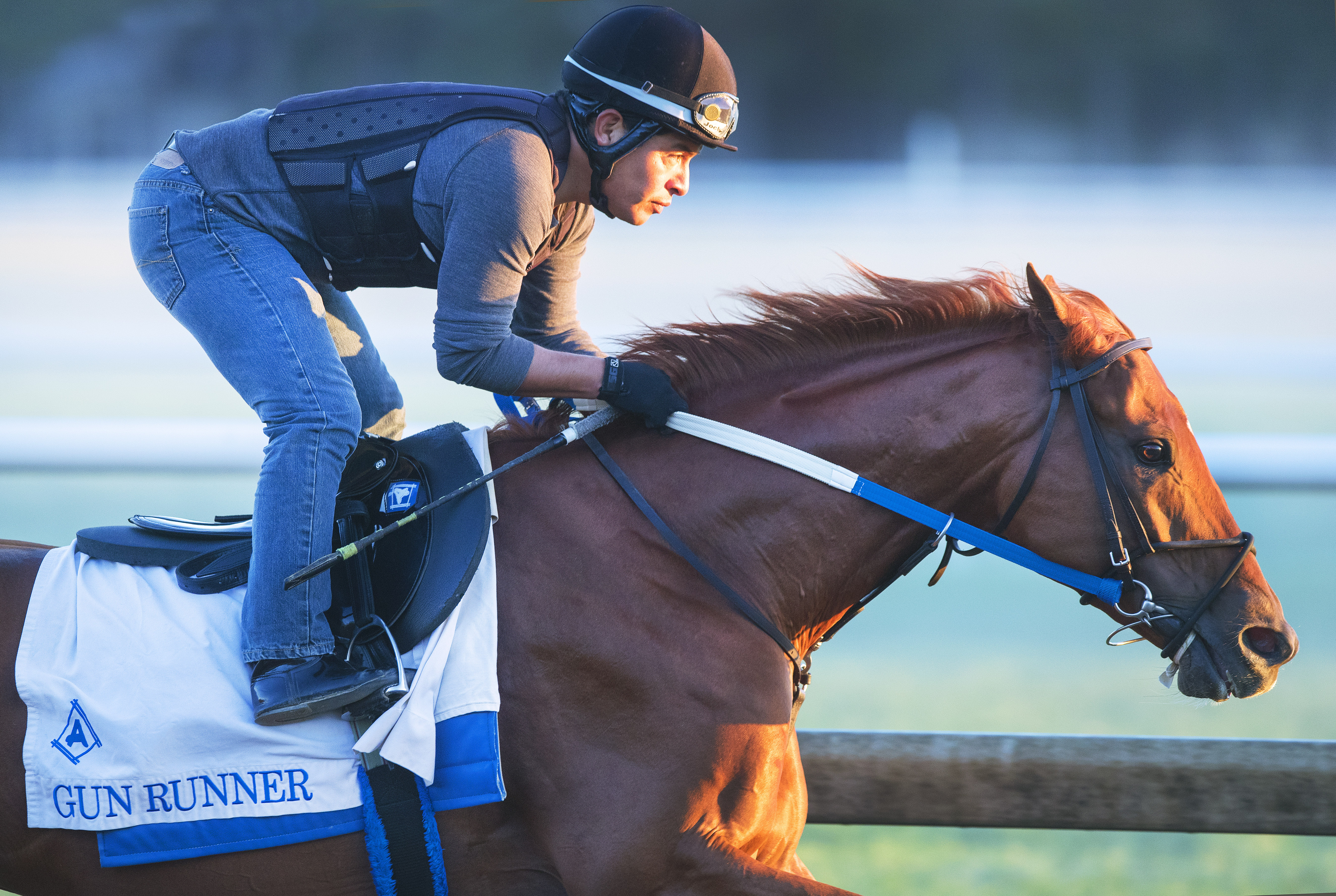 Gun Runner works over the Oklahoma training track at Saratoga Race Course on 7.30.17_BL