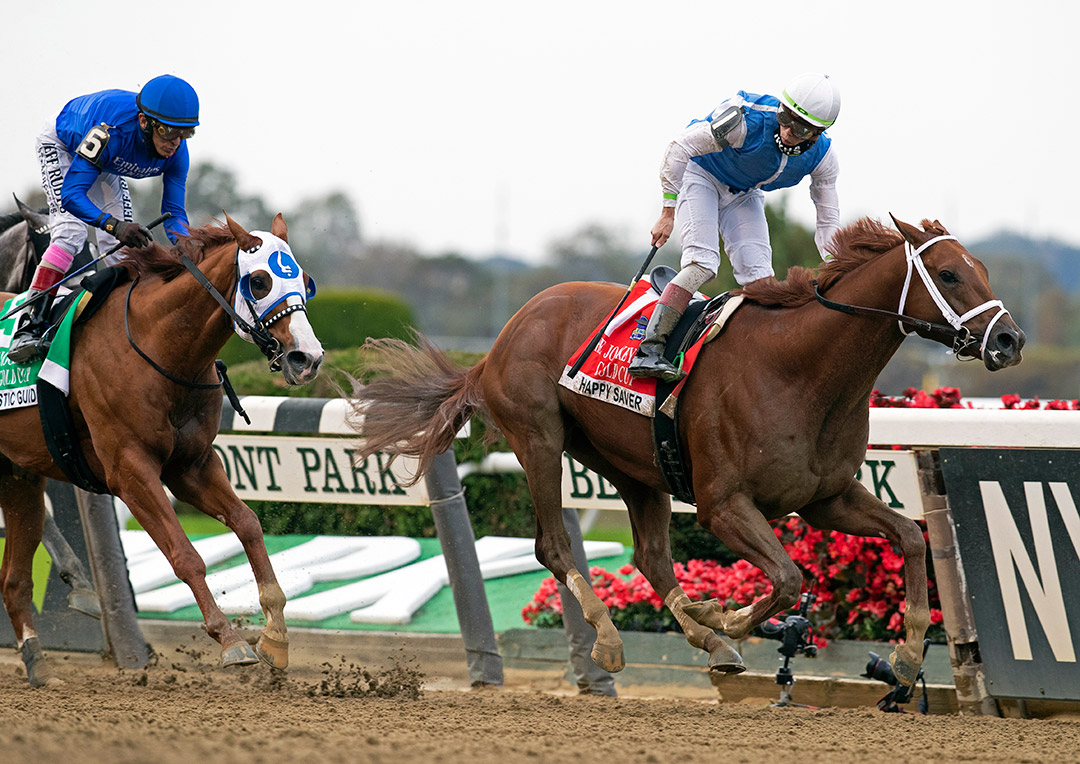 Happy Saver (right) wins the 2020 Jockey Club Gold Cup at Belmont Park