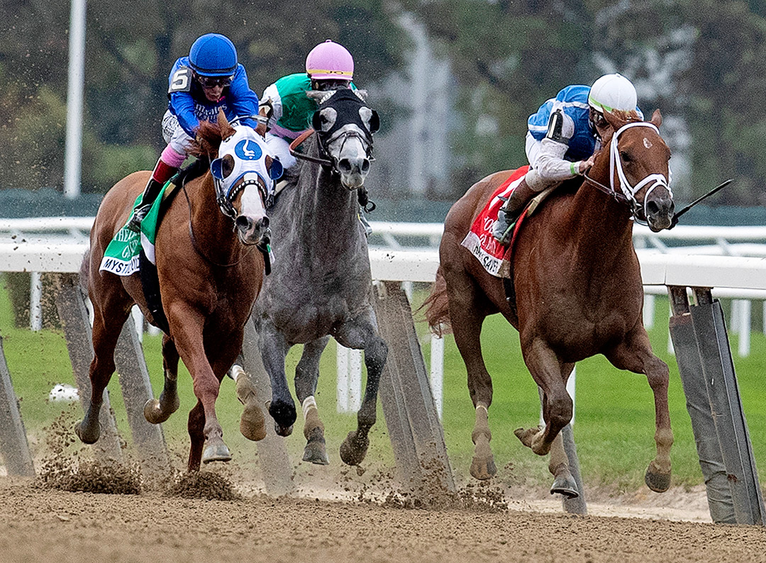 Happy Saver (right) wins the 2020 Jockey Club Gold Cup at Belmont Park